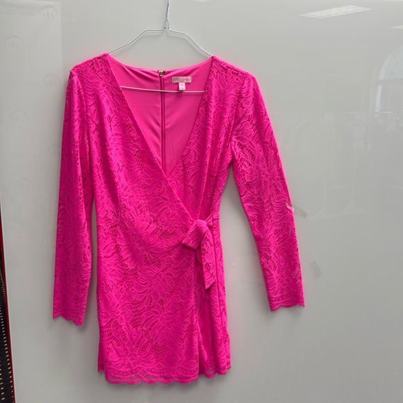 Lily Pulitzer Size Medium Hot Pink Wrap Lace Dress w/ Skort Bottom - like NEW 💖 - Picture 2 of 6
